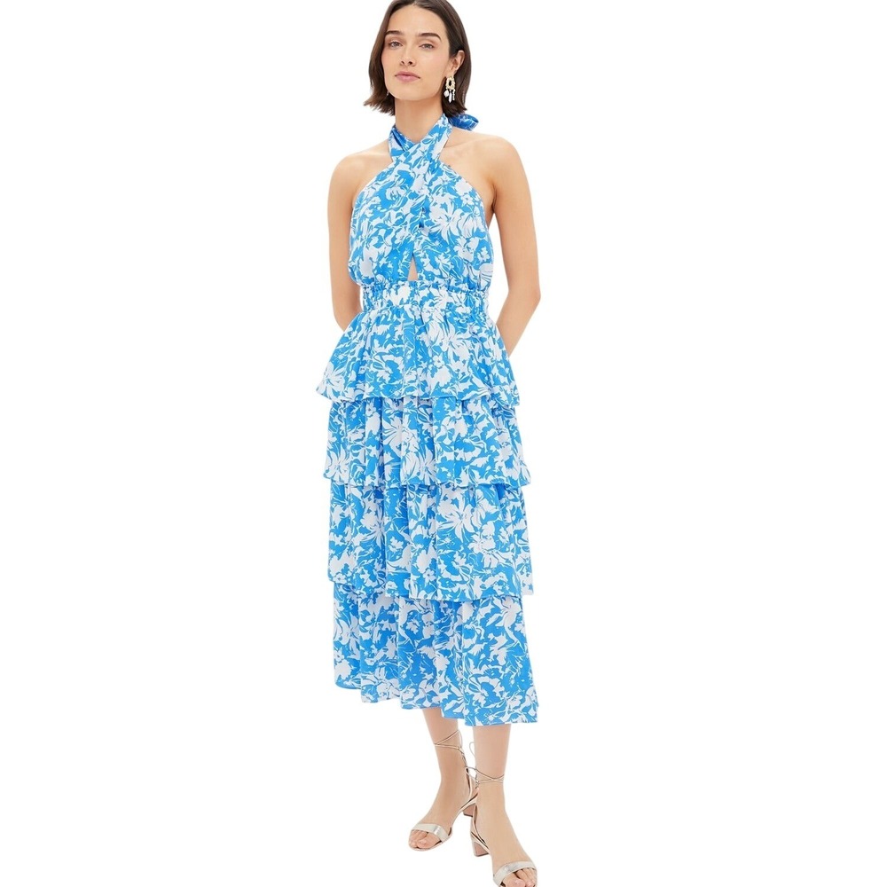 Hyacinth House Blue & White Floral Halter Neck Jenny Midi Dress Womens XL